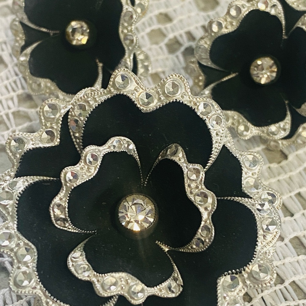 Made In Germany Black Coloured & Rhinestone Floral Brooch & screw on Earrings